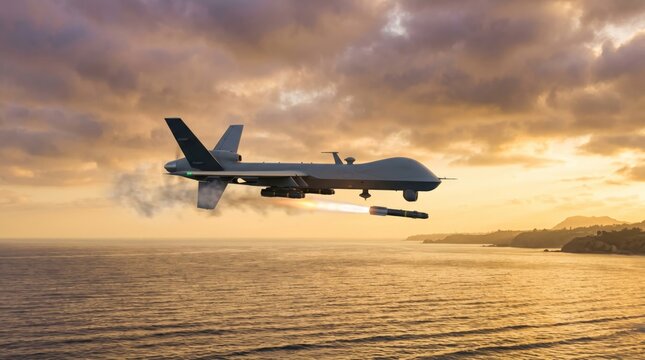 Military drone launching a missile over the ocean at sunset. Unmanned aerial vehicle involved in a combat mission. Modern autonomous weapon system for air strike and defense strategy.