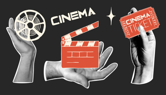 Vintage cinema collage with halftone hands holding a film reel, movie clapperboard and theater ticket. Nostalgic film industry elements