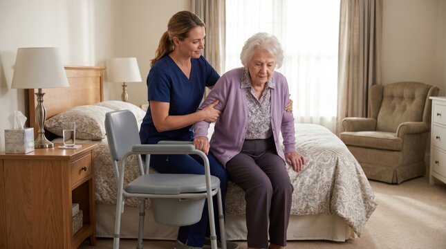 Nurse helping elderly woman stand up from bed using portable bedside commode. Home care assistance for senior citizen. Healthcare support for mobility and daily living during recovery.