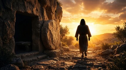 Fototapeta premium Man walks away from an open stone tomb at sunrise. Jesus Christ resurrected from the sepulcher. Biblical scene of Easter morning, salvation, hope, faith, religion, and divine miracle.