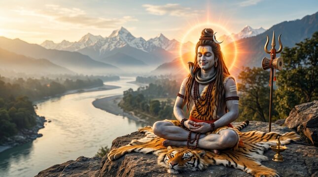 Lord Shiva meditating on a tiger skin on a mountain cliff overlooking a river. Hindu deity in deep meditation, divine light and spiritual atmosphere. Concept of yoga and enlightenment.