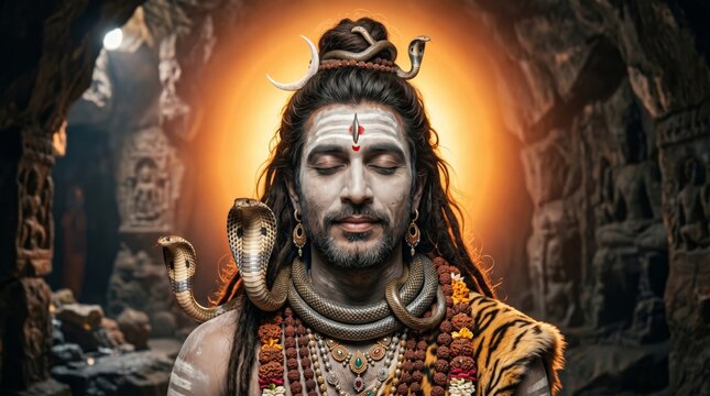 Lord Shiva meditating with snakes coiled around his neck in a dark cave. God of destruction and transformation in Hinduism. Portrait of divine being for spiritual religious concept.