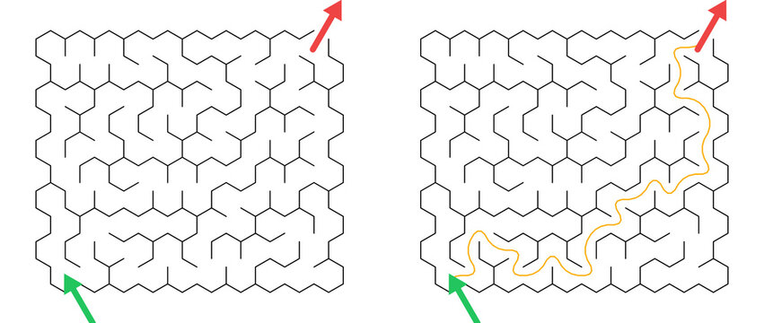 Maze puzzle with solutions highlighted in yellow and red arrows  