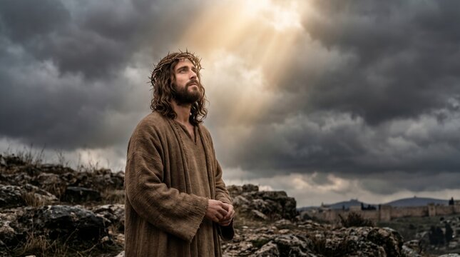 Jesus wearing crown of thorns looking up at light sky. Biblical man praying in desert landscape. Religious scene inspired by gospel story for Easter and Christian worship concept.