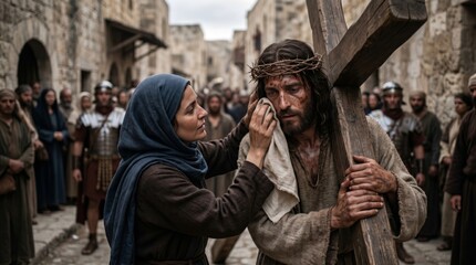 Obraz premium Woman wiping face of man carrying wooden cross. Biblical scene of Veronica and Jesus on way to Calvary. Christian religious depiction of suffering, mercy, compassion and faith in history.