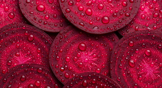 Fresh sliced red beetroots with water droplets close up texture background