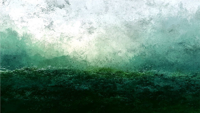 Abstract watercolor landscape painting, evoking a serene and ethereal mood with soft blending colors of green and white, suggesting mist or clouds over a dark, textured foreground.