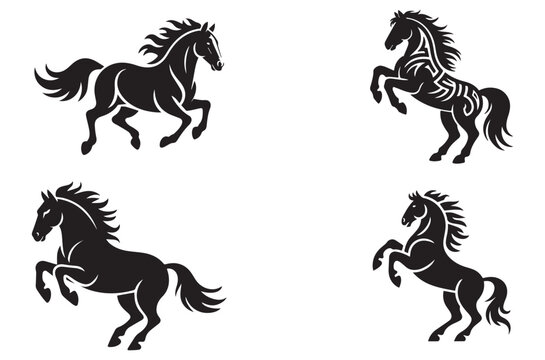 Elegant black horse silhouette galloping with mane and tail flowing, dynamic equestrian art for design projects
