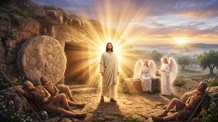Fototapeta premium Jesus Christ standing in front of an empty tomb after resurrection. Angel and sleeping Roman guard surrounding the historical biblical scene. Religious Easter celebration conceptual art.