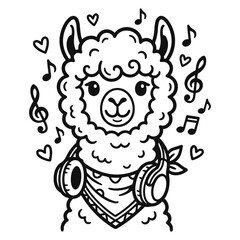 Fototapeta premium Line illustration of a cute llama wearing headphones and a bandana, surrounded by floating music notes and hearts