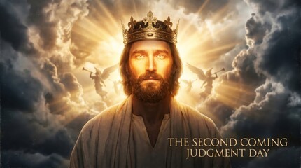 Fototapeta premium Jesus Christ wearing gold crown descending from heaven with angels. The Second Coming and Judgment Day imagery. Christian religious concept of salvation and divine light. Glowing sky background.