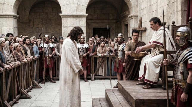 Jesus standing before Pontius Pilate in ancient Jerusalem. Roman governor washing hands during biblical trial. Historical drama scene depicting betrayal and sacrifice for Easter holiday.