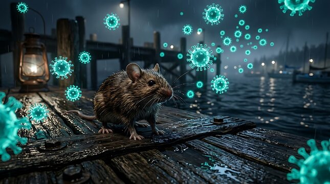 A realistic brown mouse standing on a wet wooden pier at night surrounded by glowing virus particles suggesting disease transmission and epidemic outbreak