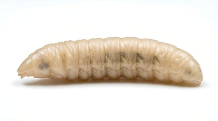 Naklejka premium Macro view of a single white fly maggot larva on white background.