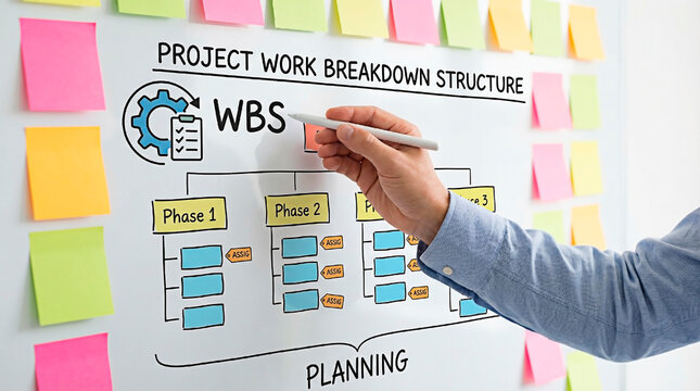 Planning a project using Work Breakdown Structure (WBS) with sticky notes on a board for concept of project management and organization.