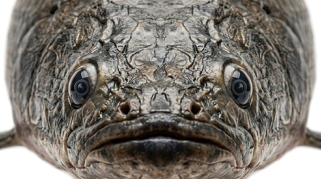 Extreme close up portrait of a toadfish face isolated on white background.