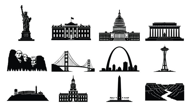 American landmarks and monuments in black silhouette on white background
