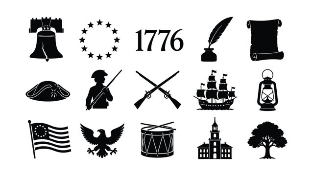 American revolutionary war icon set featuring historical symbols of independence and patriotic heritage