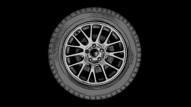 hand drawn style 2d animation of a spinning car wheel with metallic rim and rubber tire rotating in a seamless loop on an isolated transparent alpha channel background