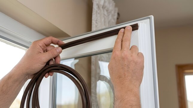Hands applying weatherstripping seal to a window frame for insulation and energy efficiency