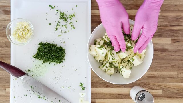 Top‑down view of hands preparing herb garlic butter. Fresh herbs such as chives, parsley and garlic and butter in a bowl.