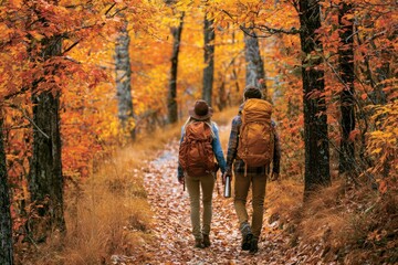 Obraz premium Couple hiking on autumn forest trail with backpacks and thermos