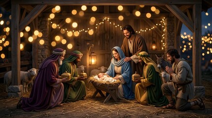 Fototapeta premium Nativity scene with figures, Mary, Joseph, Jesus, angels, shepherds, manger, bokeh lights, Christmas