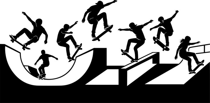 silhouettes of people skateboarding
