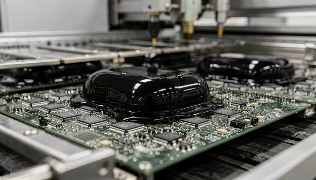 Medium shot capturing black resin encapsulation on electronic assemblies emphasizing highcontrast application and protective coating in industrial production setting.
