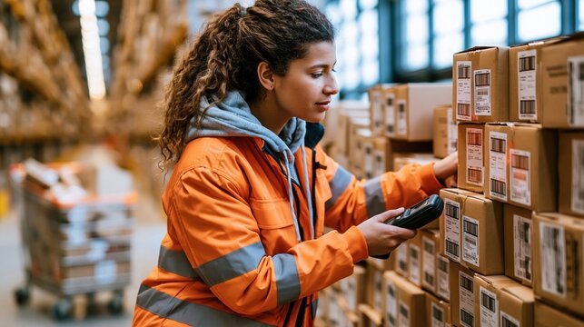 Focused shot of logistics worker scanning RFID tags on neatly stacked online orders rolling cart nearby bright warehouse aisle softly lit by large windows shallow depth of field.