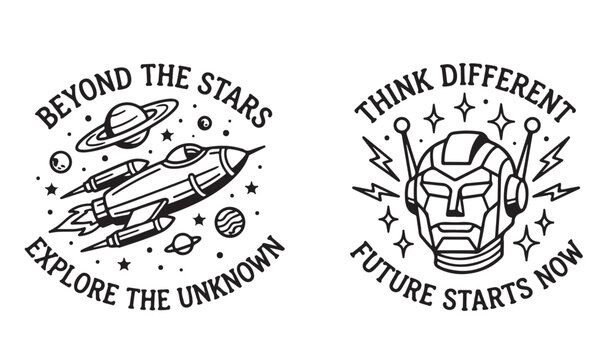 Space Exploration Rocket and Futuristic Robot Head Line Art Designs, Featuring Celestial Elements, Stars, Planets, and Inspirational Text for Future Adventure
