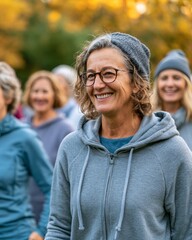 Fototapeta premium Smiling mature woman in gray hoodie and beanie with group outdoors in autumn