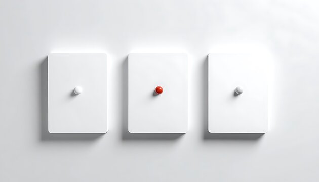 Three square white cards or platforms arranged in a row on a white surface, one with a red sphere, the others with grey spheres, symbolizing choice, difference, or options.