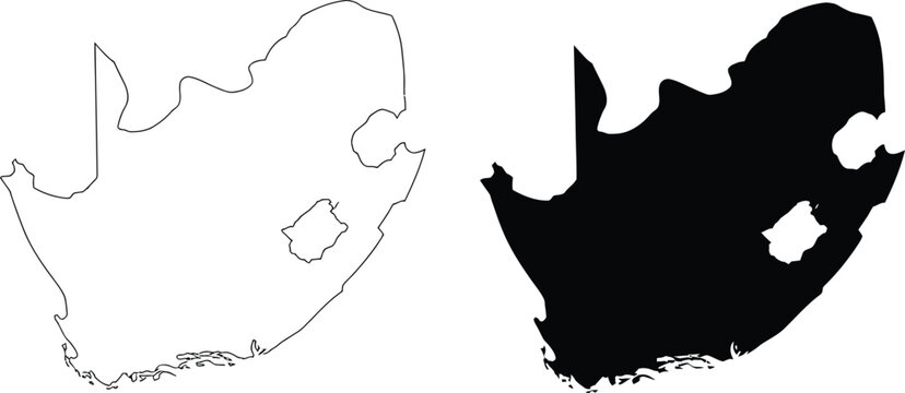 South Africa map icons, black outline and solid silhouette maps for travel geography and location based design projects.