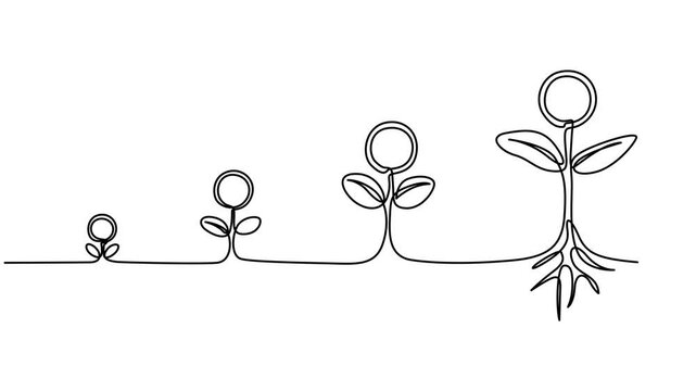 Coins stack with growing plant one line drawing animation. Video clip with alpha channel, Money plant in One Continuous line drawing. Business investing concept. Growing coin tree symbol. Continuous