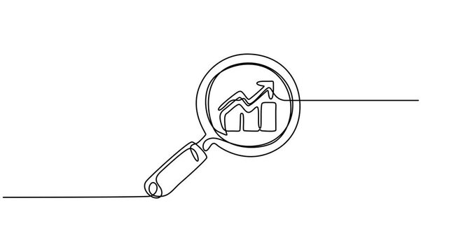 magnifying glass and bar graph business continuous one line drawing animation, Animated self drawing of continuous line draw of magnifying glass and bar graph business. looking icon, fast growing