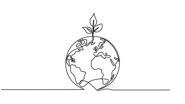 earth with leaf continuous one line drawing animation, Leaf with Earth globe continuous line drawn animation. Animated linear world map with plant. Save Planet concept video. Full length one line