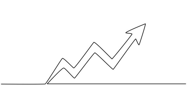 Arrow chart continuous line animation motion video, concept of market rising minimalist drawing, Animated self drawing of continuous one line draw fly rising arrows up sign on cloud through the sky.