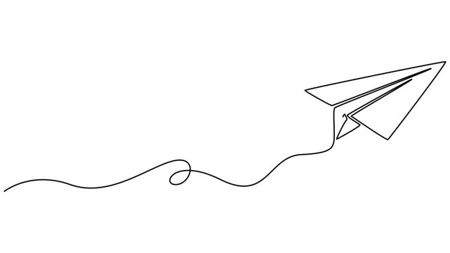 paper airplane minimal outline continuous one line drawing animation, paper plane continuous one line drawing animation, Continuous one line drawing of a paper airplane gliding forward in a seamless
