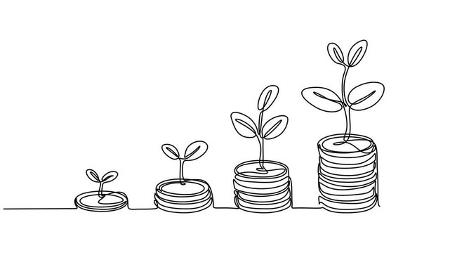 Coins stack with growing plant one line drawing animation. Video clip with alpha channel, Animated self drawing of continuous one line drawing 5 stacks of coins with a tree on top. The more investment