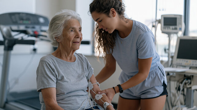 Exercise science graduate student attaching electromyography sensors to elderly female participant before incline walk test, walking pace aging predictor laboratory protocol, university biomechanics