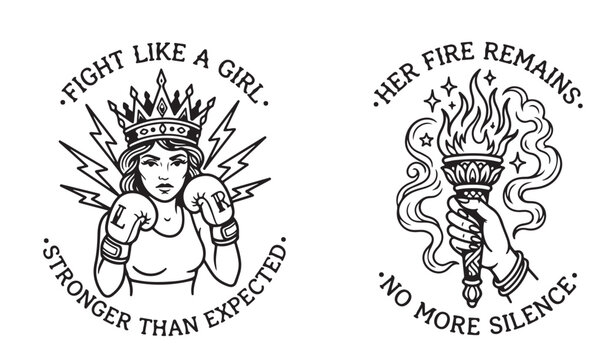 Empowering Illustrations Feature a Crowned Woman Boxer With Lightning Bolts and a Hand Holding a Flaming Torch, Emphasizing Female Strength, Resilience, and Breaking Silence, Presented in a Bold Monoc