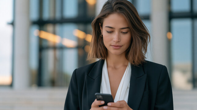 Female founder in professional attire stands outside a gl-fronted corporate office building after a meeting where her idea was dismissed, checking her phone for the customer interview notes that con