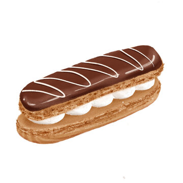 Watercolor chocolate eclair French pastry illustration isolated on white background