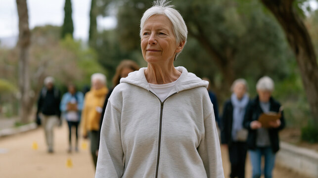 Endurance walking group of retirees completing measured two kilometer course with research coordinator timing them, walking pace aging predictor clinical study, overcast park setting, data clipboard