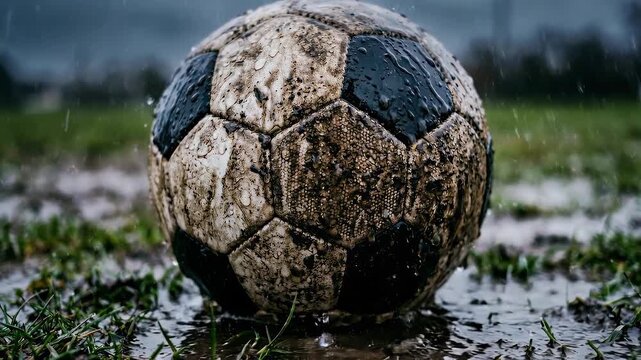 Slow motion close up tracking shot of soccer ball splashing and settling in muddy puddle on rainy grass field during overcast afternoon