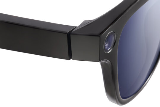 Modern black smart glasses with integrated cameras isolated on white background