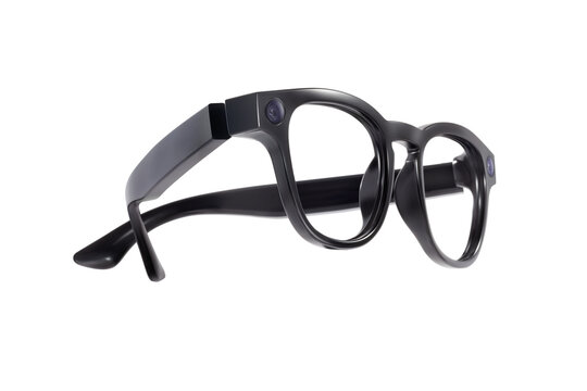 Modern black smart glasses with integrated cameras isolated on white background
