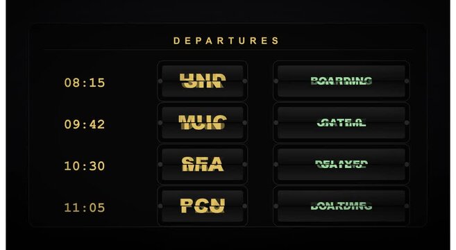 Airport departure board with dynamic flipping text and travel status animation