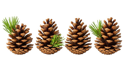 Fototapeta premium Pine cones in various stages of growth and drying on white background minimalist composition